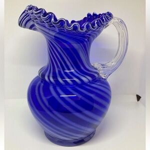 Vintage Cobalt Blue Spiral Opalescent Ruffled Rim Art Glass Pitcher